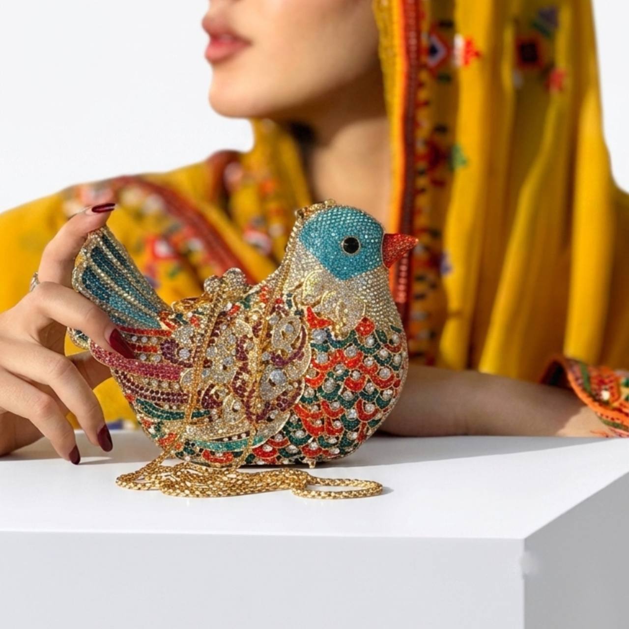 کیف شب زنانه مدل پرنده Premium | فول نگین | بند زنجیری | وارداتی - تصویر 5